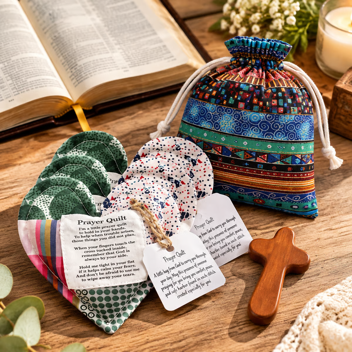⏰ LAST DAY 49% OFF - 🎁 Pocket Prayer Quilt Set | Mini Handmade Prayer Blankets with Cross & Drawstring Bag Christian Gifts ✝️